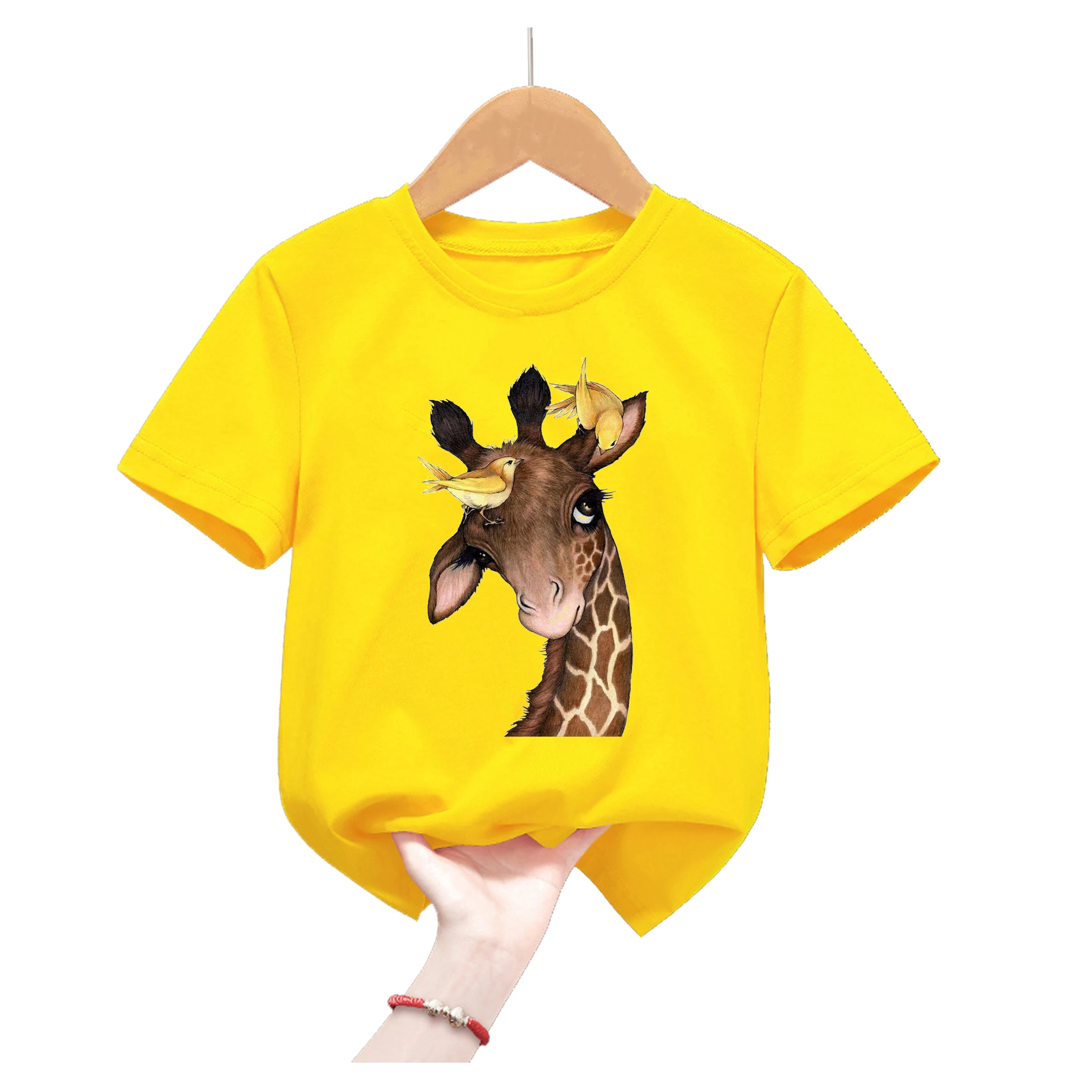 Funny Deer Love Bird Anmal Print Yellow T Shirt Girls/Boys Kawaii Kids Clothes Summer Tops Tee Shirt Harajuku Shirt Streetwear