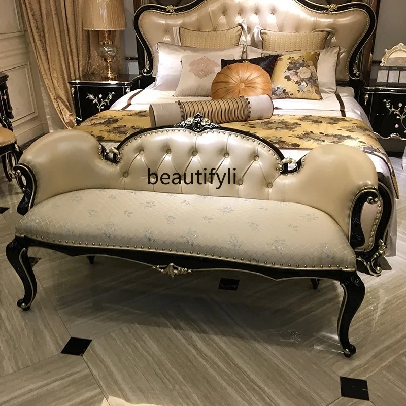 

B06 European solid wood bedside stool neoclassical first layer cowhide carved master bedroom, sofa stool furniture