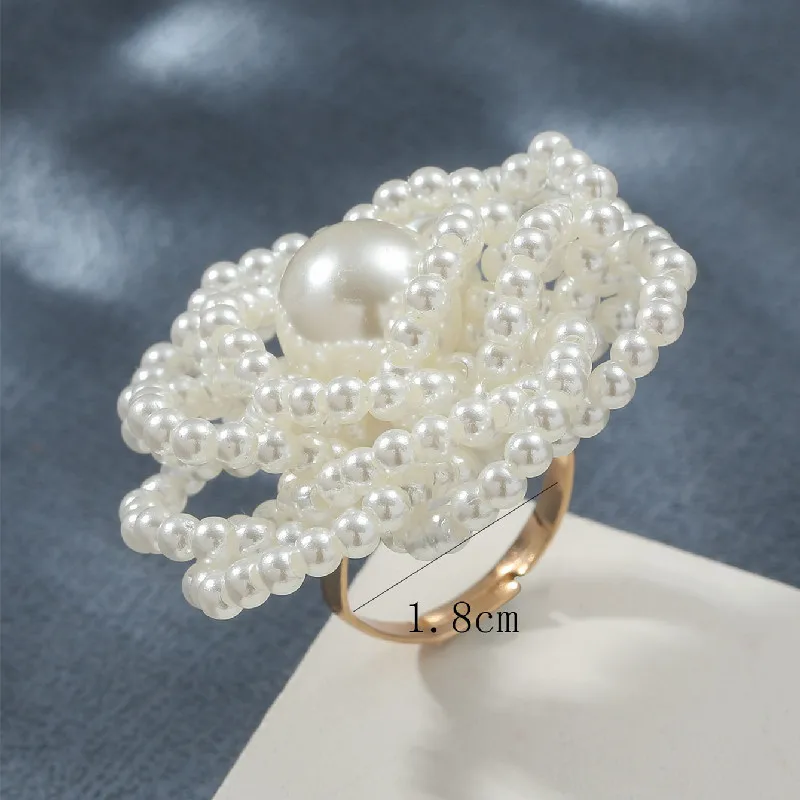 Vintage White Pearl Flowers Rings for Women Girl Exaggerate Elegant Party Jewelry Gift HUANZHI 2024 NEW INS