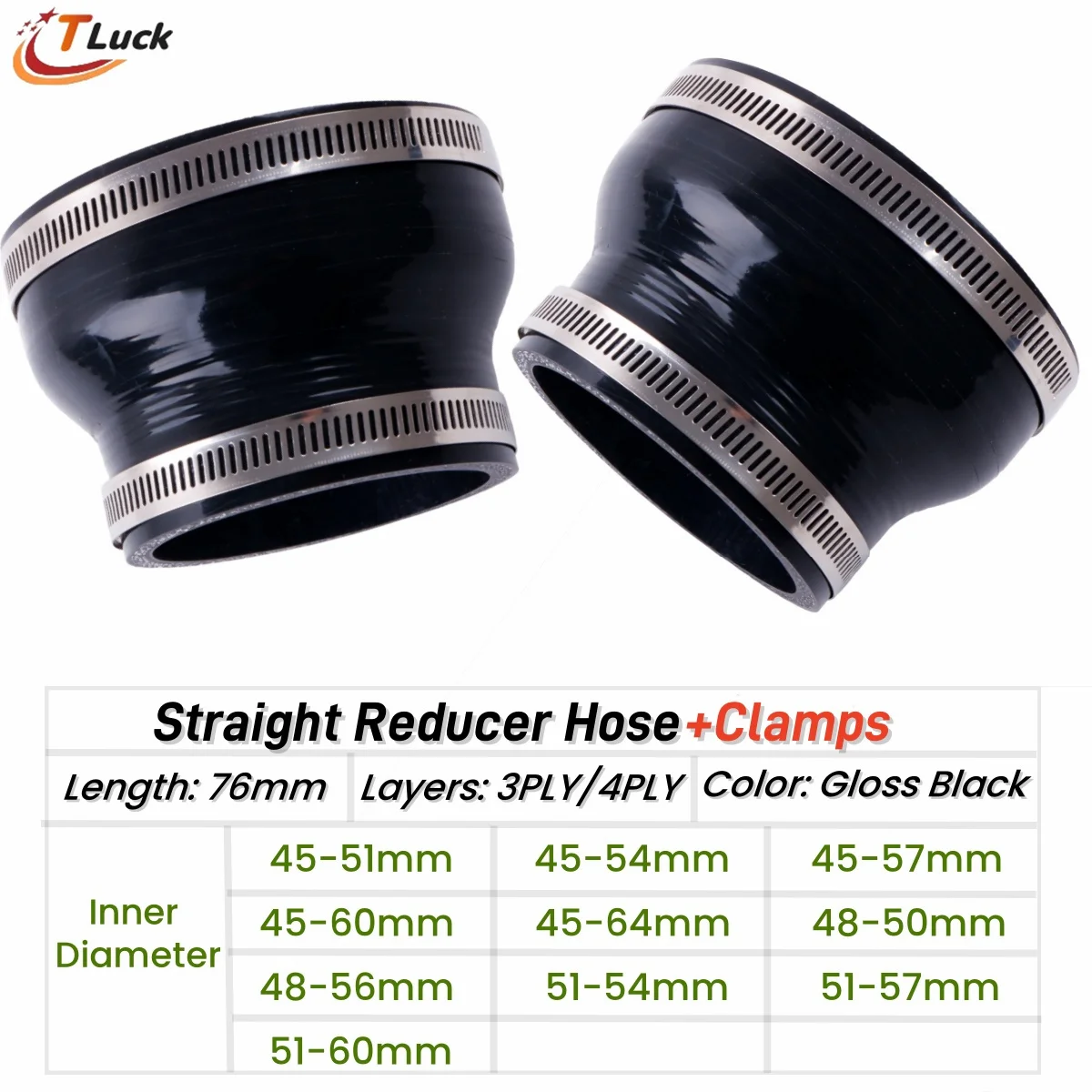 Straight Reducer Hose Silicone Coolant Tube Intercooler Connector Pipe ID 45mm 48mm 50mm 51 54mm 56mm 57 60mm 64mm 1PC W/ Clamps