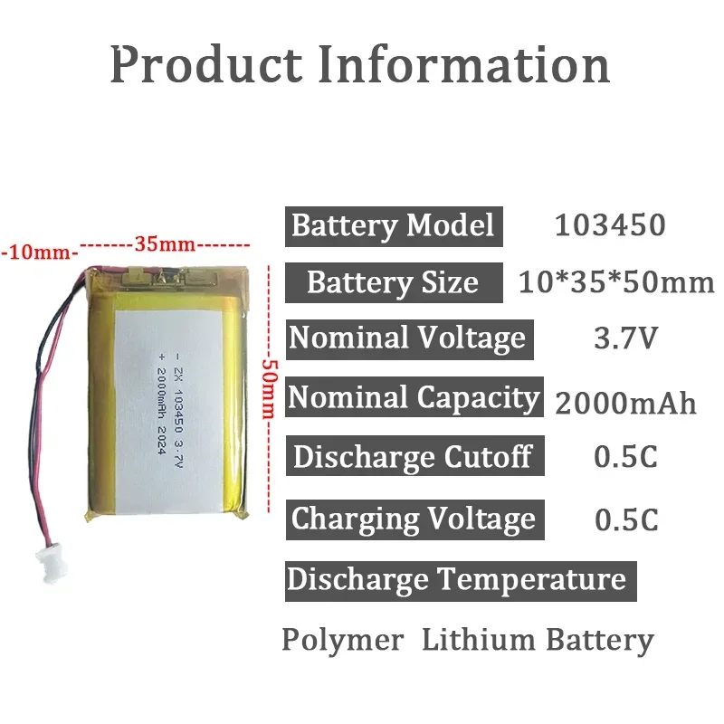 3.7V 103450 Polymer Lithium Battery Real 2000mAh Rechargeable 103450 Polymer Battery for MP5 Toys Cameras GPS Bluetooth Speakers