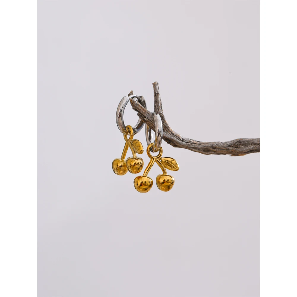 Yhpup Trendy Stainless Steel Metal Cherry Drop Earrings Water Resistant Popular Daily Wear Fashion Daily Jewelry Gift