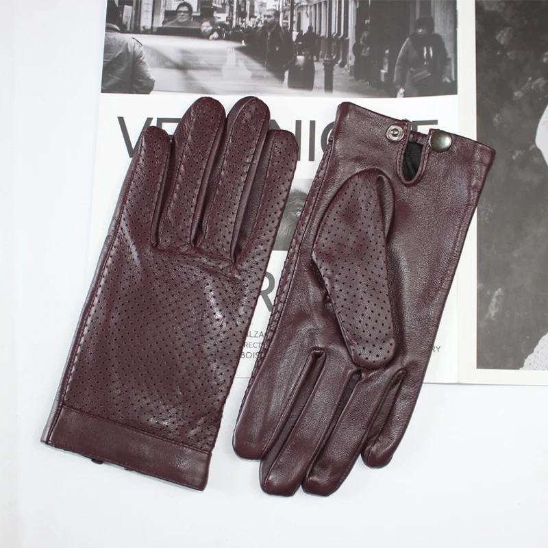 Guantes de conducción de piel de oveja para hombre, de alta calidad, pantalla táctil, seda transpirable, malla de moda, cuero versátil, guantes de