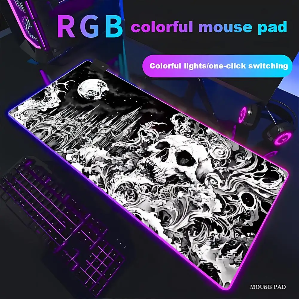 

Коврик для мыши RGB с готическим дизайном в виде черепа и небесным орнаментом, большой игровой коврик для стола, противоскользящий, с изображением звездного неба, для ноутбука, клавиатуры, игрового стола HYBXAXCX