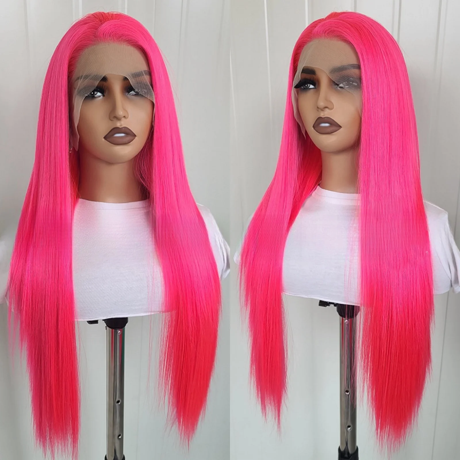 Hot Pink Wig Long Straight Synthetic Lace Front Wig Glueless Frontal Colored Rose Red Hair Lace Wigs for Women Party Cosplay