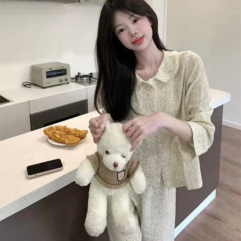 

Floral Sleepwear Women Pajama Sets Long Sleeve Piiama Korean Pants Sets 2 Pieces Night Wears Peter Pan Collar Autumn Home Suit