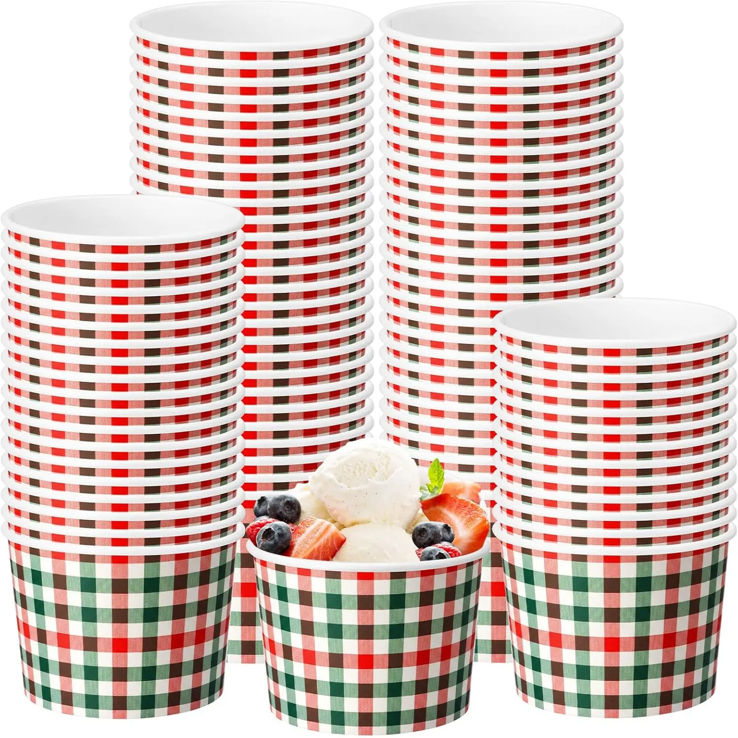 

50 Pack Christmas Plaid Treat Snack Cups 9 oz Xmas Red and Green Checkered Disposable Dessert Bowls Paper Soup Bowl Buff