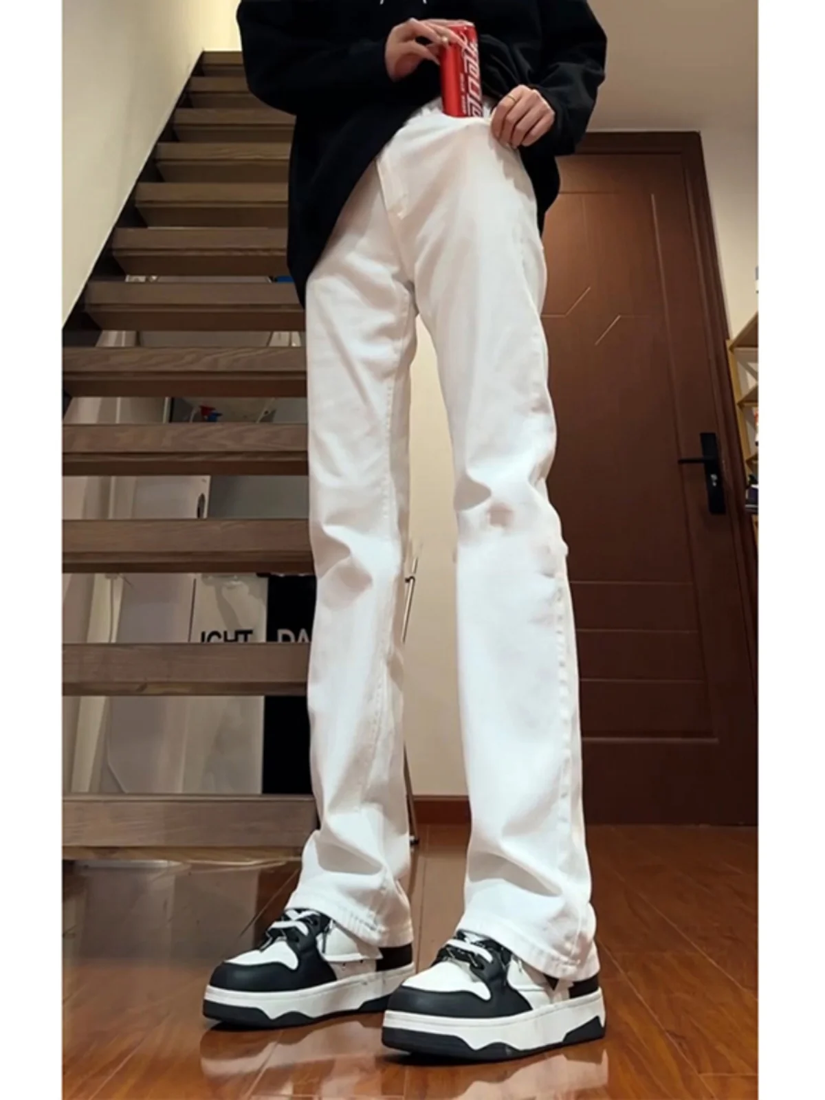 

Прямые мужские джинсы с высокой талией, белые облегающие джинсы в американском стиле High Street Vibe, износостойкие осенние джинсы из смеси хлопка и полиэстера