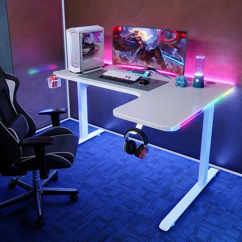 *Wholesale White Black L Shaped Gaming Pc Desk Computer Table With RGB Led Lights Gaming Table For Silla De Escritorio Gamer