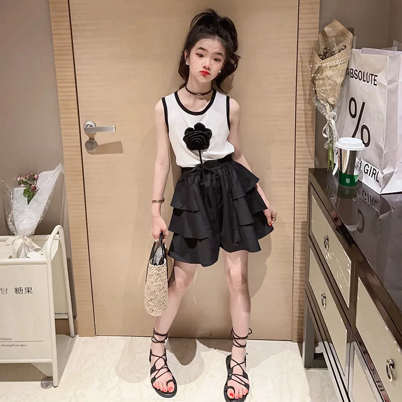 summer teenage girls clothes dress sets 3D floral vest top+Short skirt 2pcs 4-15 kids suit children outfit  vetement bebe fille