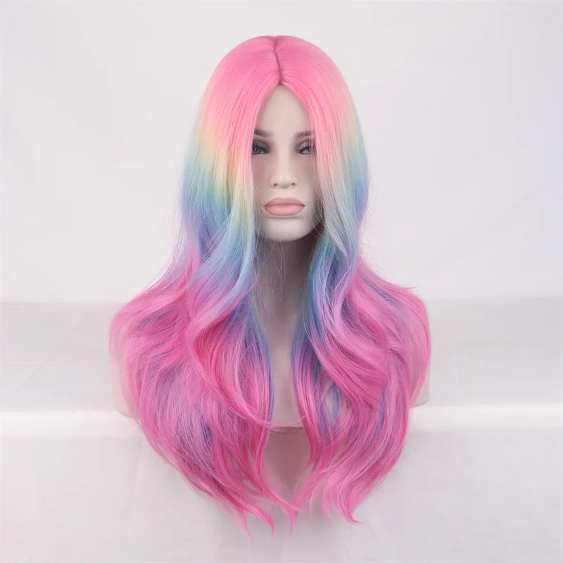 

High-Temperature Fiber Middle Part Bangs Colorful Wig Curly Hair European and American Pink Rainbow Wig Headpiece