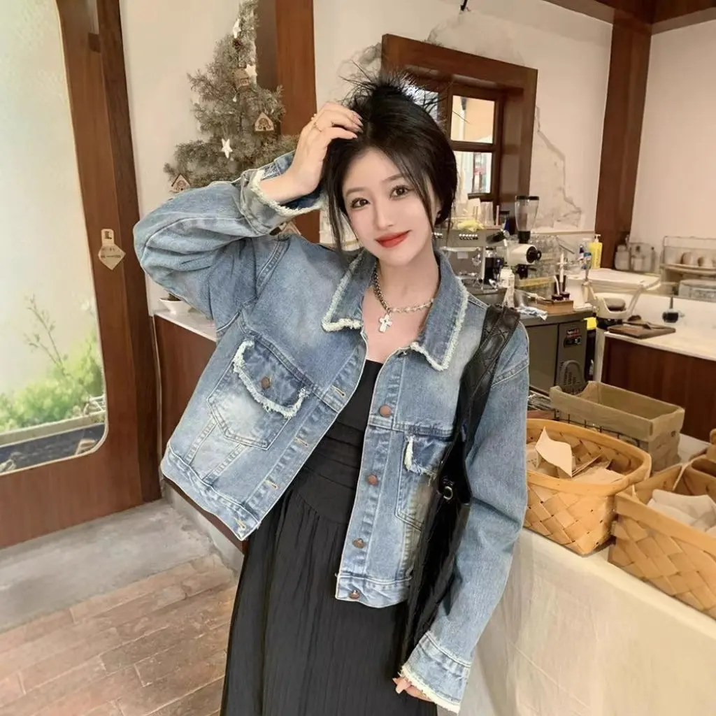 

Стильное джинсовое пальто с кисточками для женщин, свободная короткая куртка, весенне-осенний модный модный топ небольшого размера