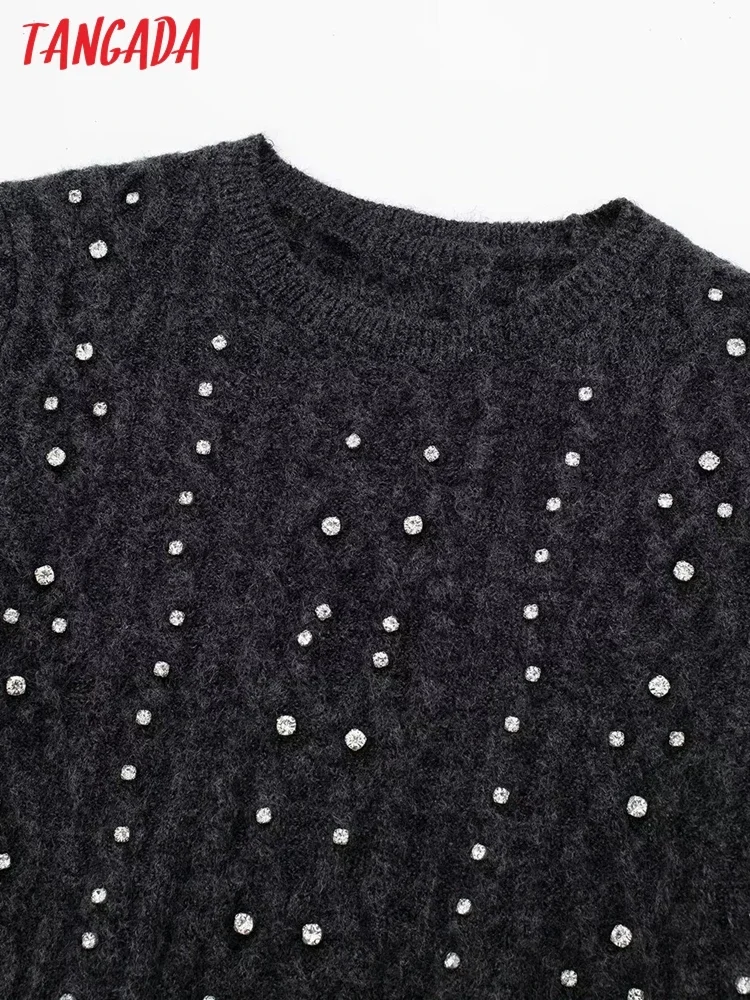 Tangada Women Beading Decorate Crop Knitted Sweater Jumper Short Sleeve Female Tops 3H572