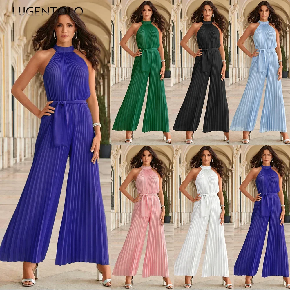 

Женские сексуальные комбинезоны с лямкой на шее, облегающие плиссированные широкие брюки, женские элегантные однотонные комбинезоны без рукавов, новый модный уличный комбинезон