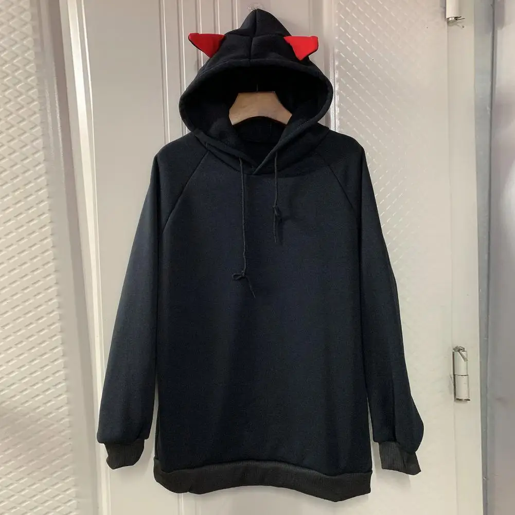 Women Autumn Winter Hoodie Cartoon Cat Ear Hooded Drawstring Thick Pullover Loose Solid Color Elastic Cuff Mid Length Warm Lady