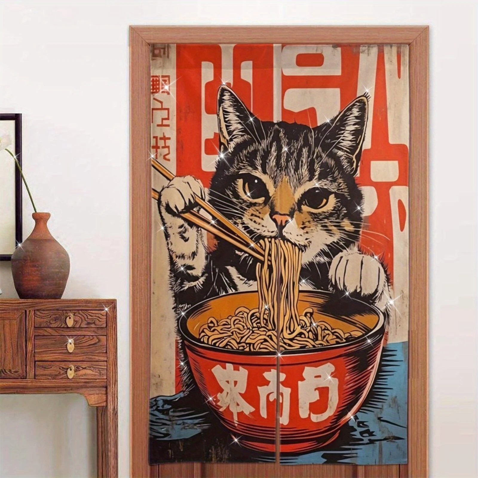 Japanese Lucky Cat Noren Door Curtain with Ramen Design Red White Vertical Stripes for Entrance Bathroom Bedroom Home Decor