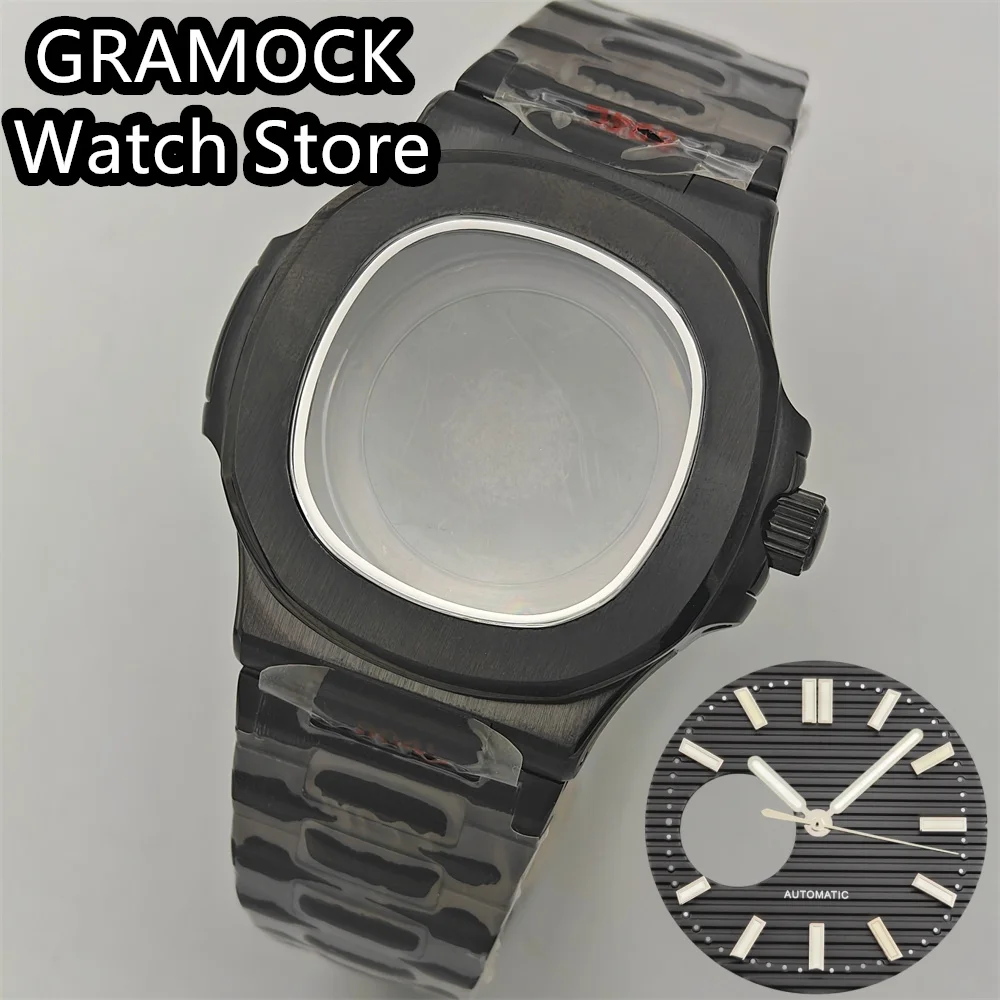 

GRAMOCK 40mm Square Watch Cases Silver Black Case With Dial Hands Set Green Luminous Sapphire Glass Fit NH38 Movement Waterproof