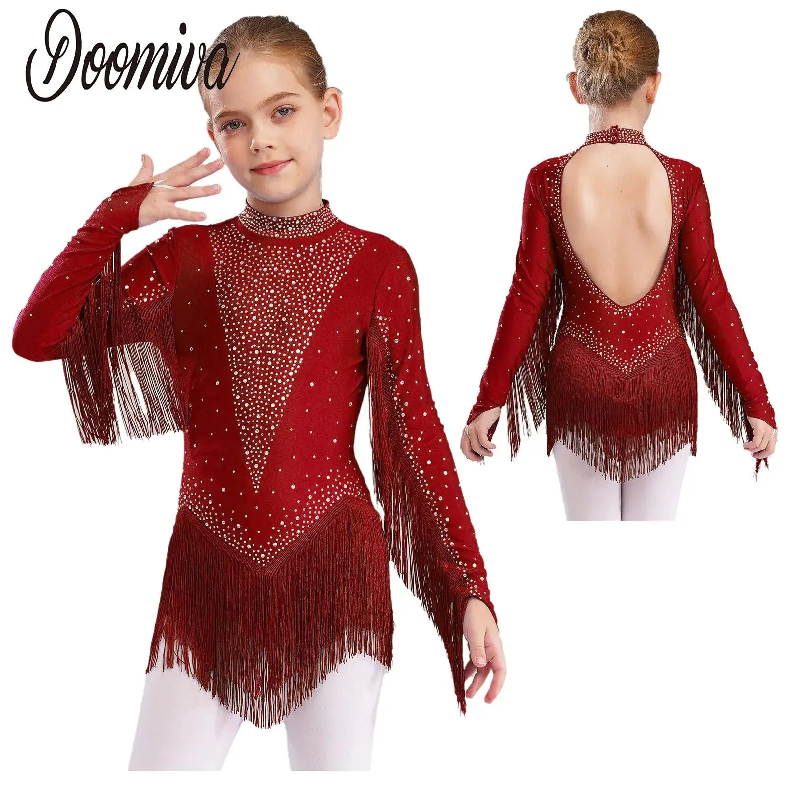 

Kids Girls Jazz Dance Leotard Tango Samba Rumba Skirted Costume Shiny Rhinestones Long Sleeves Patchwork Tassel Leotard Bodysuit
