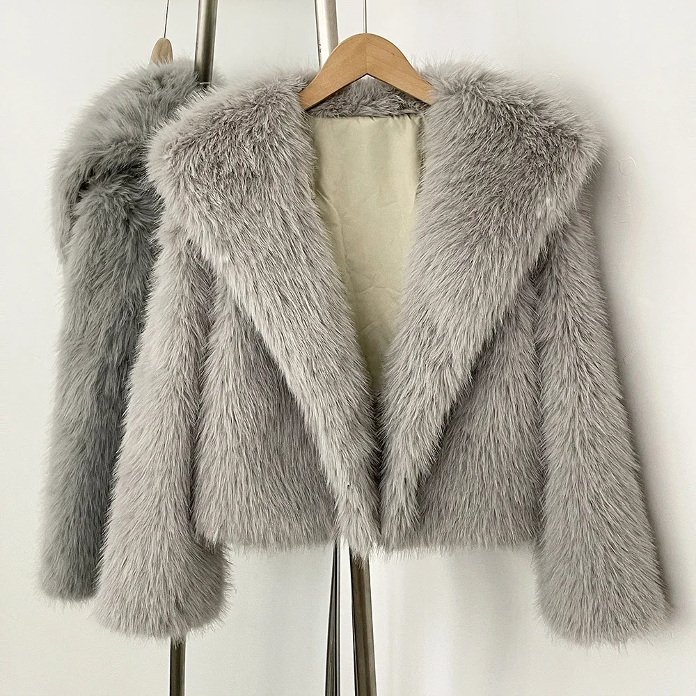 Fake Fur Coat Eco-friendly Winter Short Fur Jacket Fashion Shawl Collar Faux Fox Fur Coat Women Cool Girls Vintage Chic Overcoat