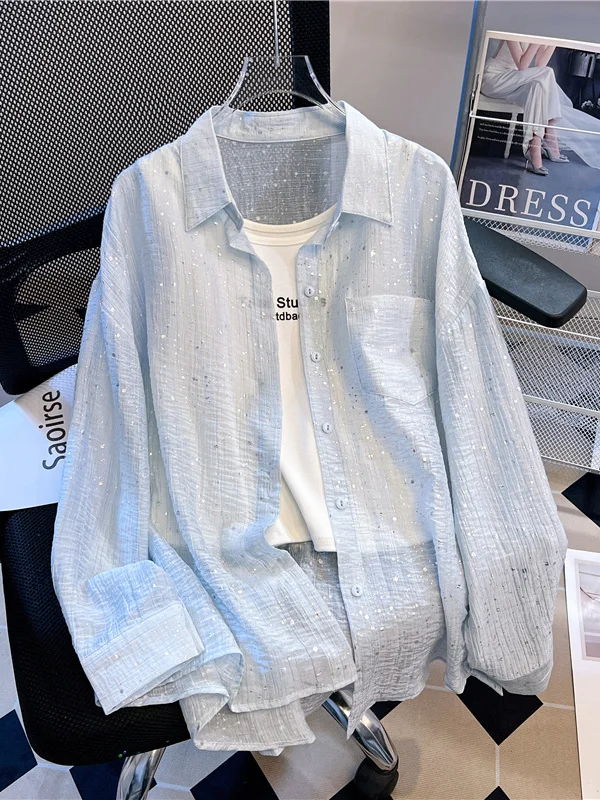 

Женский летний тонкий свободный комплект из двух предметов с защитой от солнца и стразами, высококачественная продукция от Гуанчжоуской фабрики №13