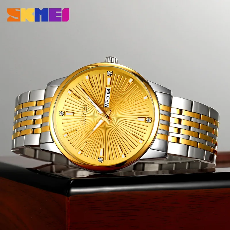 Fashion new double calendar stainless steel belt men's watch Skmei genuine new casual quartz