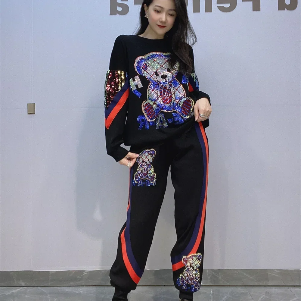 2025 New Spring Fashion Women Two-piece Set Cute Bear Hot Drilling Knitted Sweater Loose Top + Casual Sports Pants Female Suits