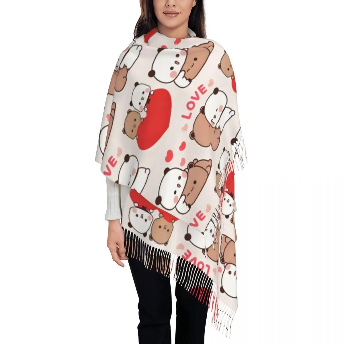 

Роскошный шарф с кисточками в виде панды и медведя, милый дуду Бубу, персик и гома, женский зимний осенний теплый платок с запахом, женские шарфы с мультяшным медведем