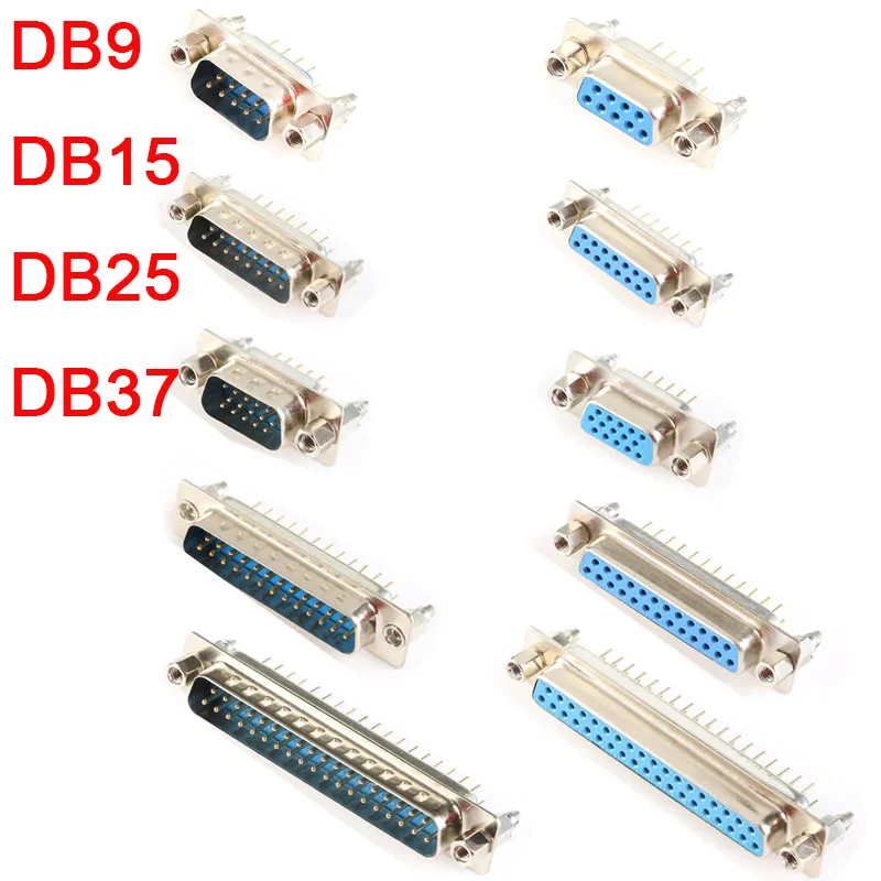 D-sub PCB Mounting Connector 9/15/25/37 Pin Straight 180 Degree Male Female Plug DB9 DB15 DB25 DB37 for Computer Network