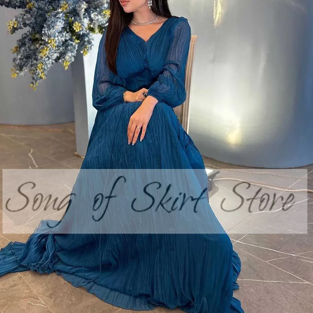 Customized Dubai Arab Solid Evening Dress V-Neck Long Sleeve Pleated Cinched Waist Chiffon Prom Formal Occasion Party Gown