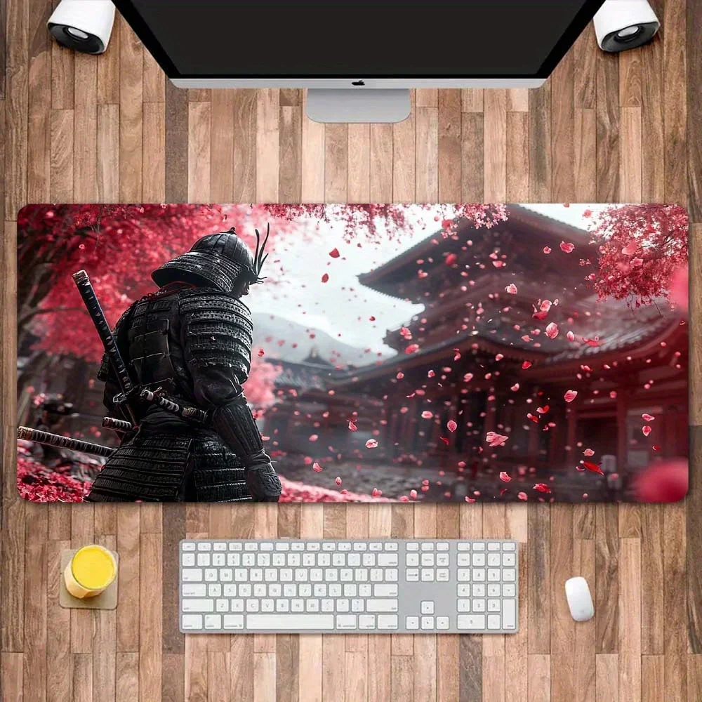日本の武士大型ゲーミングマウスパッドデスクマットゲーミングマット滑り止め耐久性のあるキーボードマウスマット桜マウスパッドmuismat