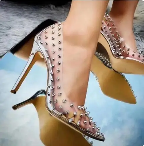 

Sliver Gold Pink Spike Studded PVC Pointed Toe Shallow Slip On 8 10 12 CM Stiletto Heels Pumps Women Banquet Prom Dress Shoes