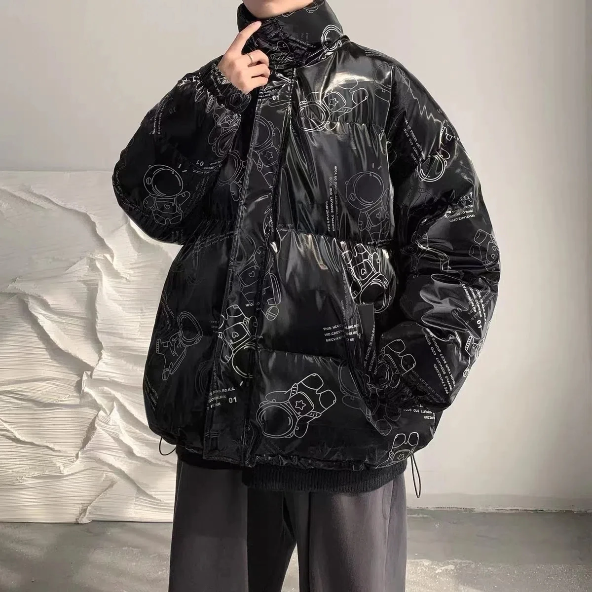 2022 inverno grosso jaqueta parka para mulheres masculinas reflexivo astronauta imprimir jaquetas acolchoadas casal casaco quente hip hop streetwear