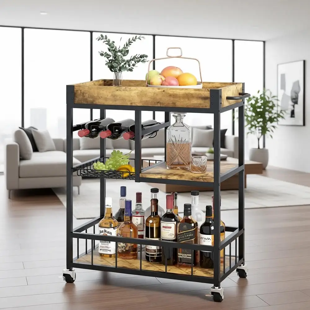 

3-Tier Rolling Wine Rack with Wheels, Vintage Style Metal and Wood Serving Trolley, Mobile Kitchen Bar Cart with Glass Holder