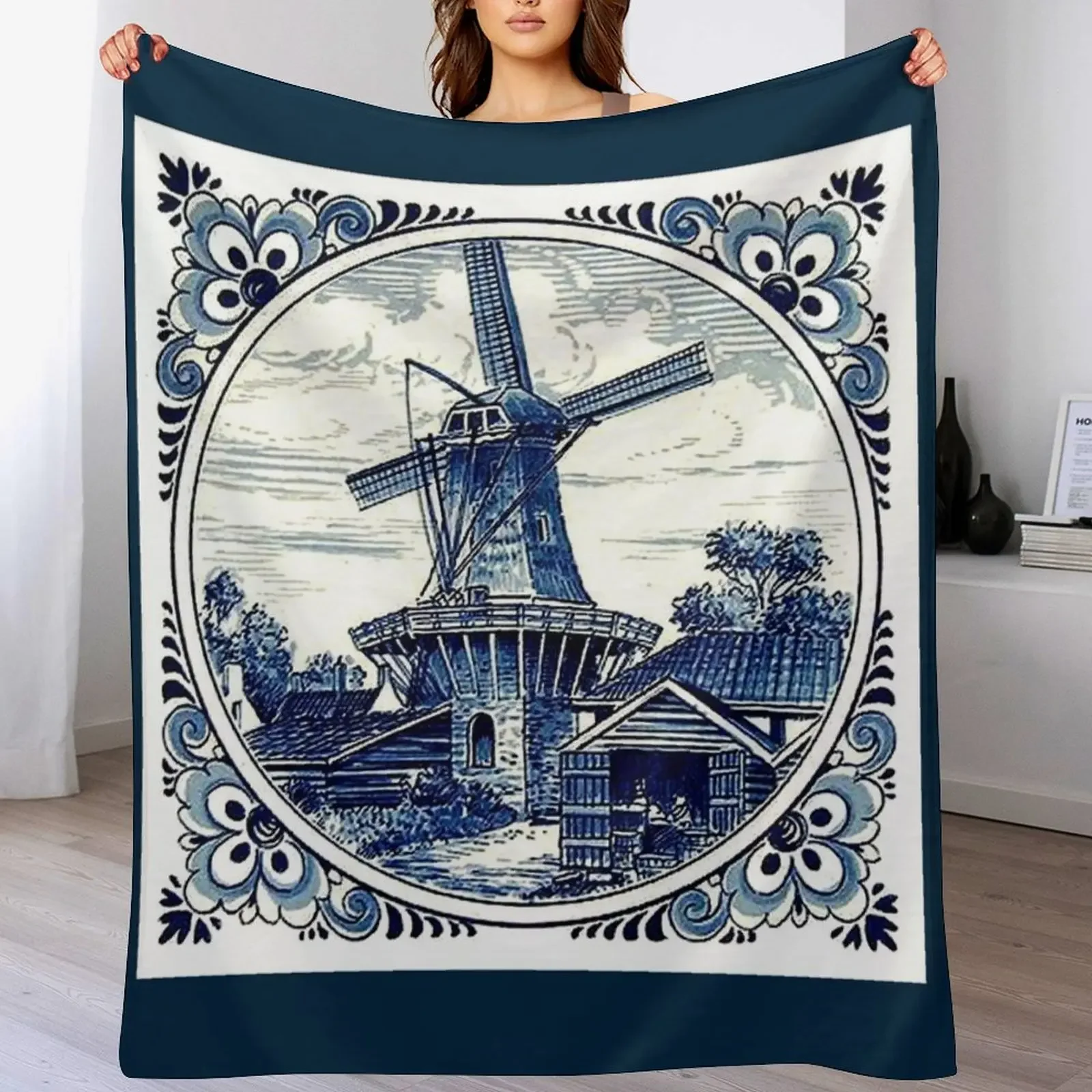 

DUTCH BLUE DELFT : Vintage WindmillPrint Throw Blanket Custom funny gift Nap Flannel Blankets