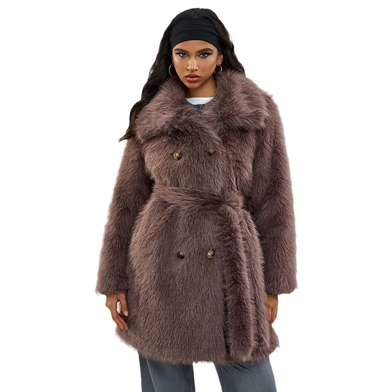

For Lady Waist-cinching Slim Faux Fur Coat Belted Winter Women Mink Fur Coat Vintage Fluffy Collar Double Breasted Eco Fur Coat
