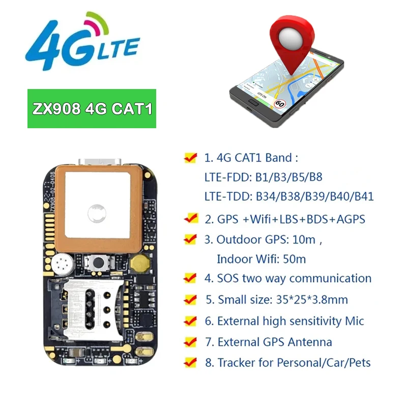 Mini GPS Tracker ZX908 4G CAT1 PCBA Chip Board For Vehicle Person Pet Tracking System Wireless WIFI Beidou Satellite Locator