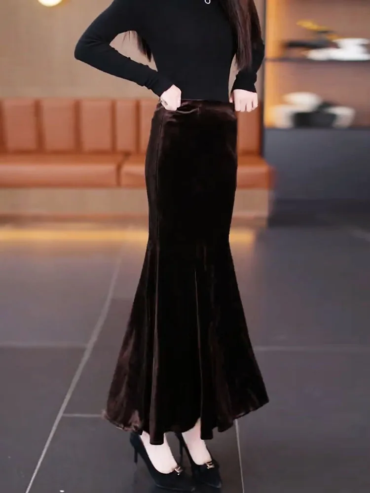 

Ele Vintage Velvet Fi Tail f Skirt Coffee Color High Waist Dra Long Skirt Autumn New Arrival plus Size Women's S...
