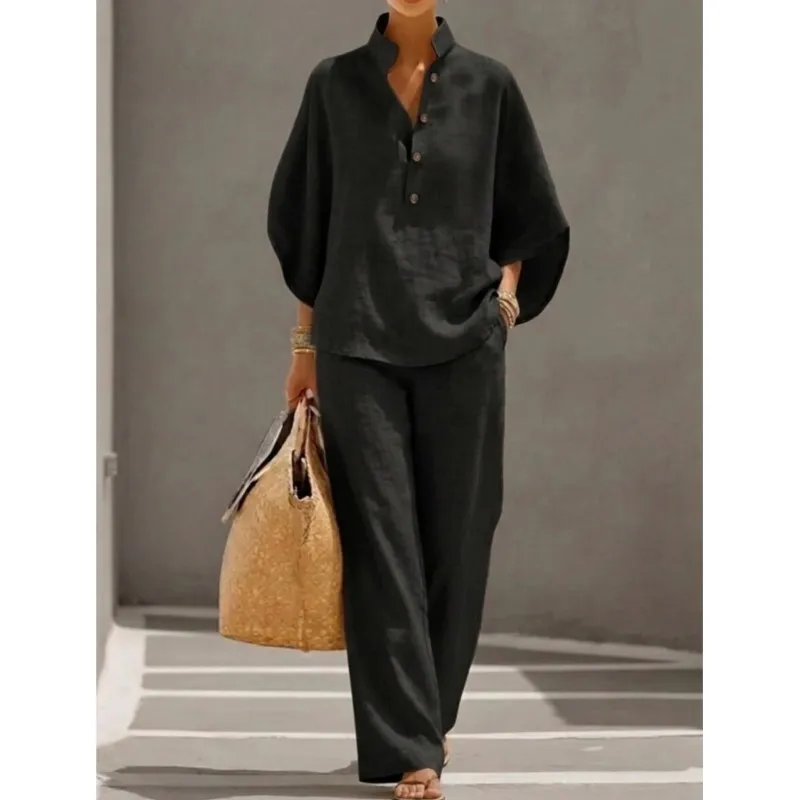 Fashion Cotton Linen Stand Collar Button Top Wide Leg Trousers 2-piece Set Spring Autumn Women's Casual Retro Office Suit