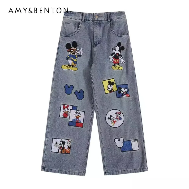  Fun Cartoon Embroidered Loose Jeans For Men And Women High Street Trendy Wash Casual Loose Straight Leg Denim Pants