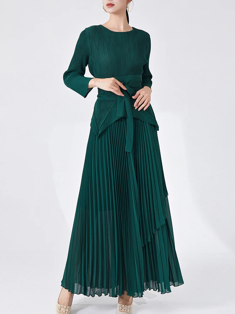 ANLAN Fashion Design Pleated Set Women Irregular Pullover Tops Belt Gathered Waist Long Skirt Elegant Party New Sets 32AN1114