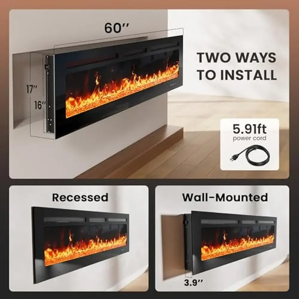 60" Electric Fireplace Heater with Smart App Control & Remote 5300 BTU Heat Output Ultra-Slim Wall-Mounted or Recessed 20 Flame