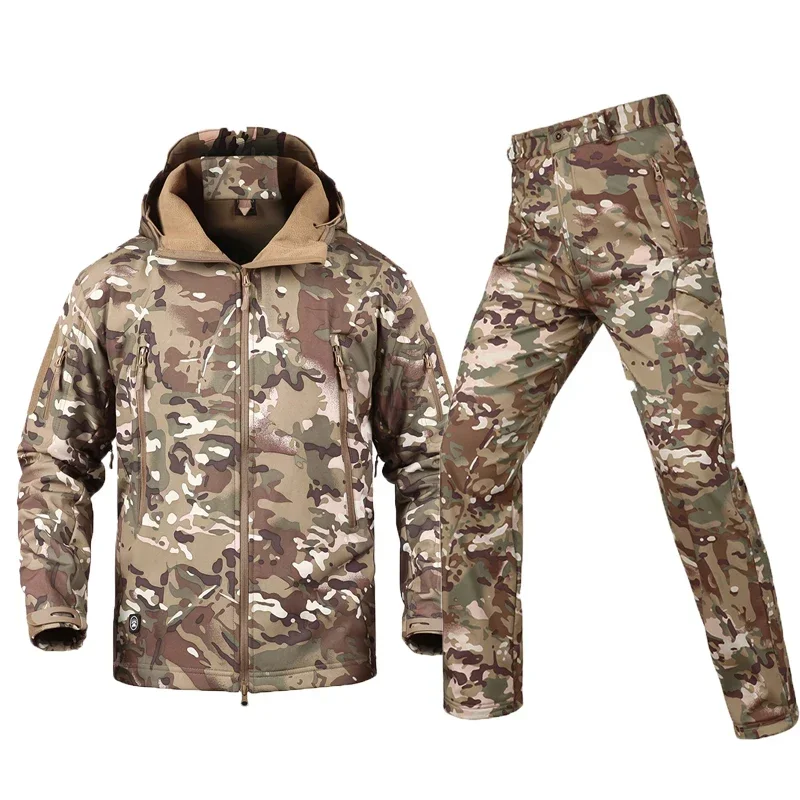 Men's Silent Soft Shell Camouflage Tactical Jacket Waterproof Warm Fleece Hunting Jackets Outdoor Hiking Fishing Hooded Coat