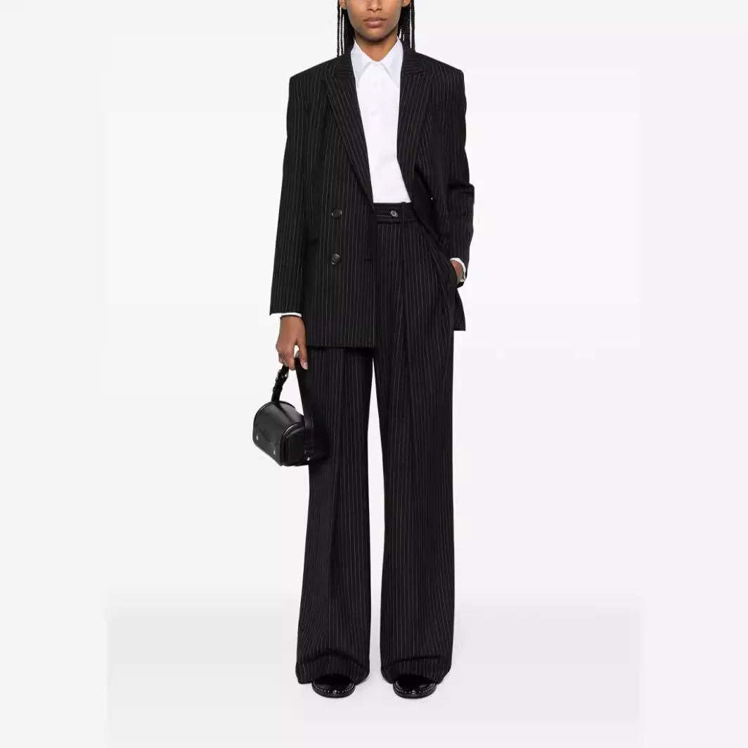 

AI NI YA Spring and Autumn New Women's Professional Suit Stripe Set Medium length Suit Coat Folded Wide Leg Pants