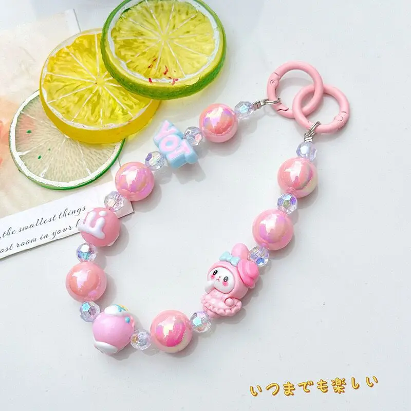 Sanrio Kuromi Cute Cartoon Beaded Pendant Keychain Anime Keyring Backpack Pendant Flocking Bag Doll Decoration Accessories Gifts