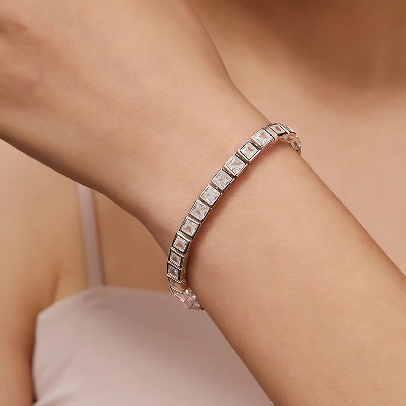 

925Silver Zircon 3-4mm Square Tennis Bracelet Electroplated 18k White Exquisite Fashion Light Luxury Design Women's Bracelet