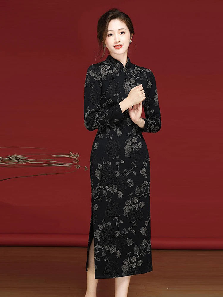 

Ele Vintage Long Sve Qipao Dr New Chinese Sle High End Slim Fit Beautiful Spring Autumn Daily Wear Midi Dr