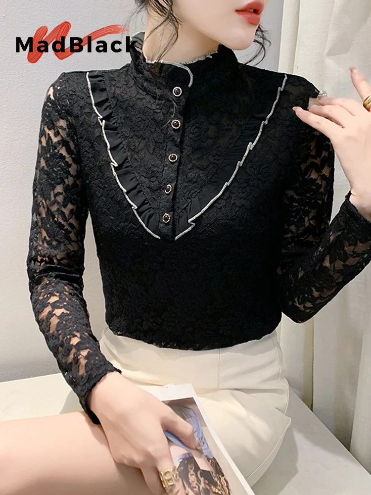 

MadBlack Full Lace T-Shirt Ruffled Stand Collar Button Female Slim Bottoming Tops Long Sleeve Tee Autumn Winter T3D419JC