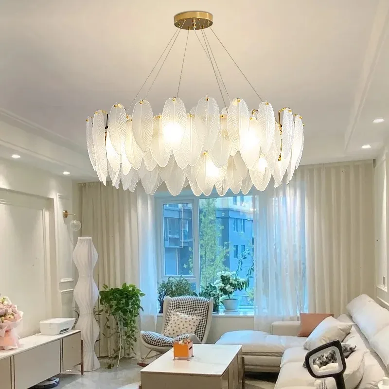 Modern Luxury Chandelier Creative Feather Glass Gold For Living Room Bedroom Dining Table Home Round Decor Lighting Fixture