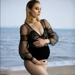 Maternity Photoshoot Stretchy Lace Bodysuit Black Soft Fabric Jumpsuit Maternity Photography Props V Neck Stretchy Lace Sleeve