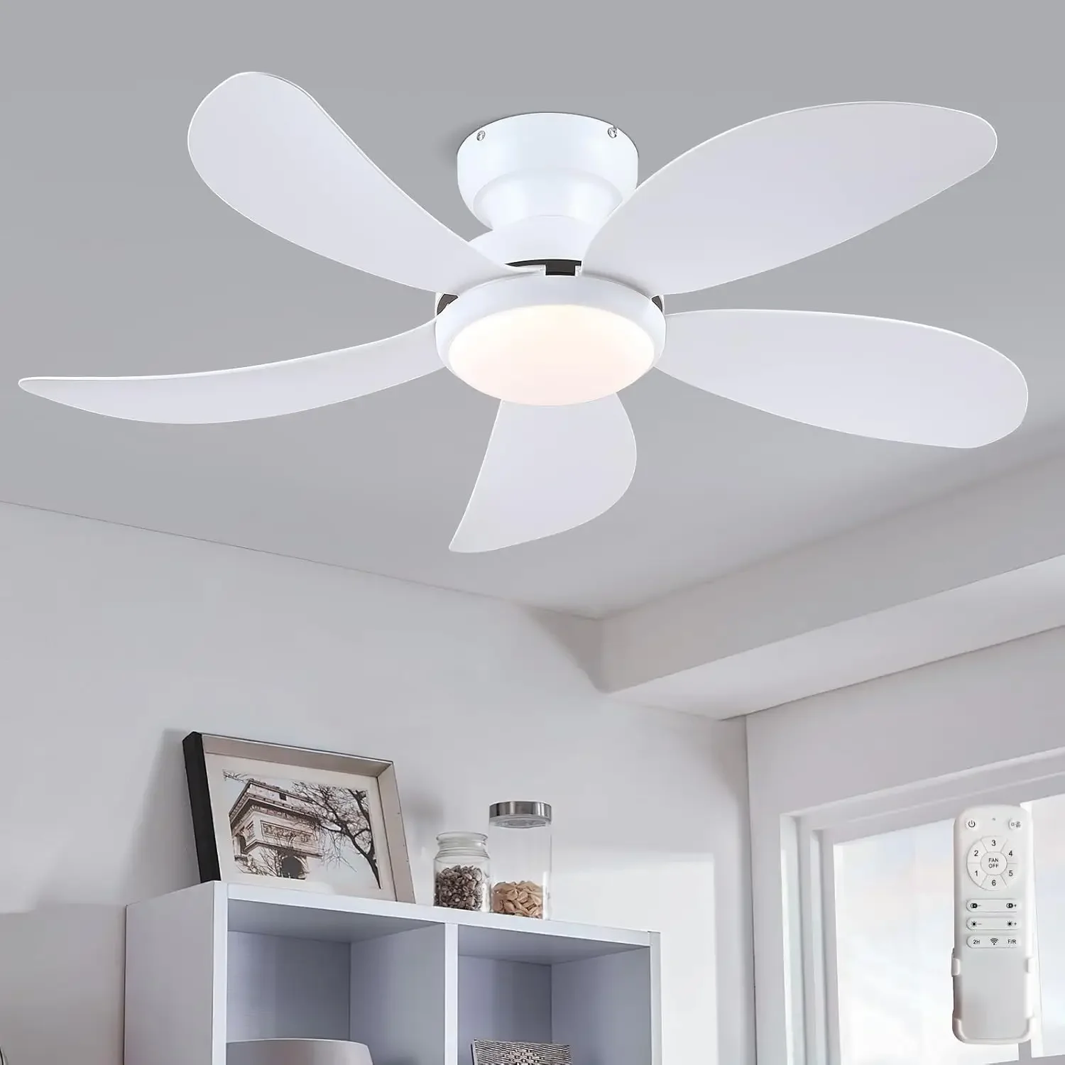

42" White Low Profile Ceiling Fans with Lights and Remote, Small Modern Flush Mount Ceiling Fans with Quiet Reversible DC Motor,